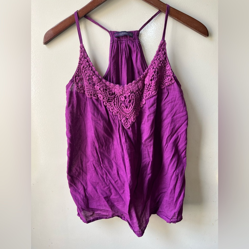 3/$25 Dex crochet design sewn on violet small spaghetti strap cotton top